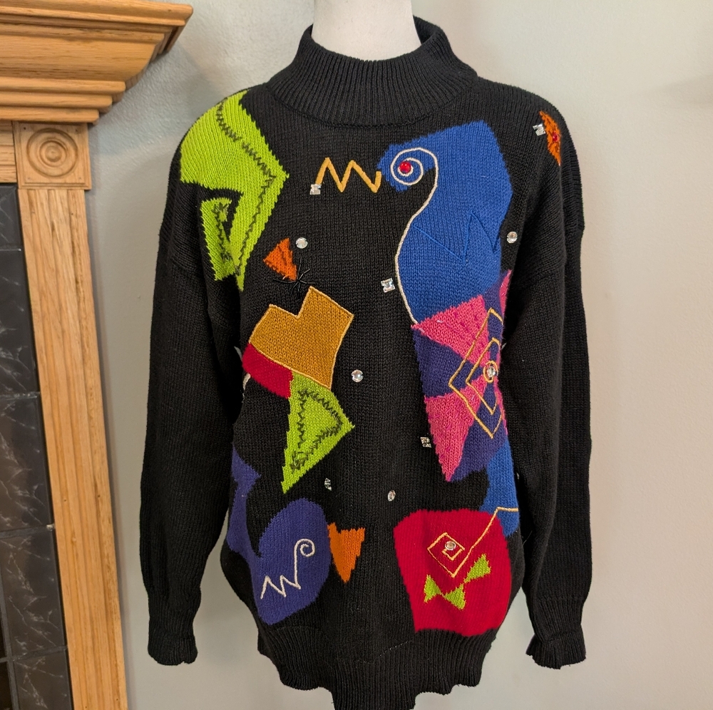 Vintage‎ 90s Santoria Geometric Rhinestone Beaded Pullover Sweater Black Small